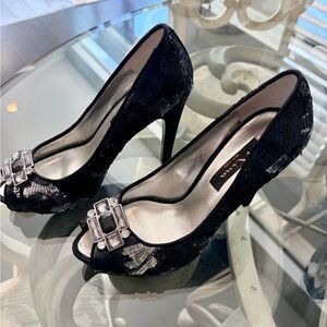 Nina Black satin dress heels with black and silver sequin with embellishments